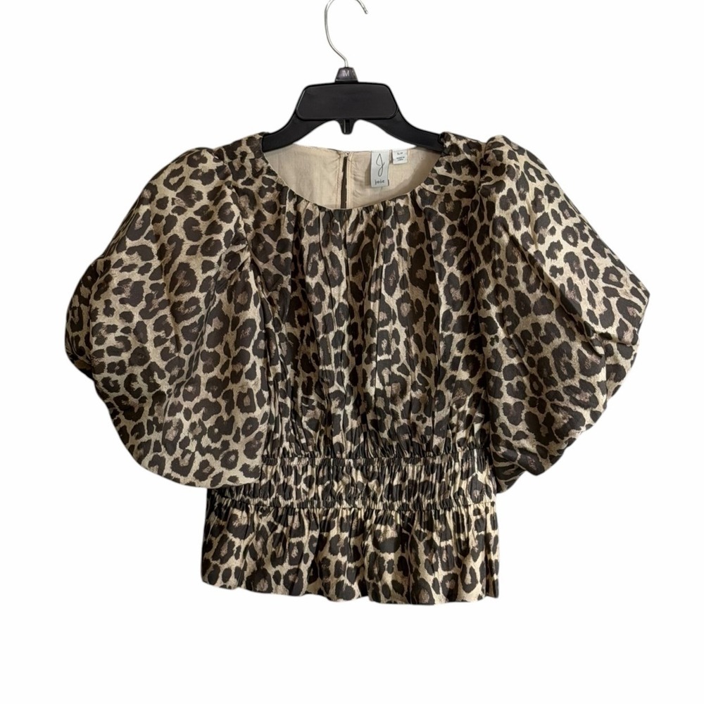 Joie Small Leopard Print Peplum Blouse Dramatic Puff Sleeve Cinched Waist